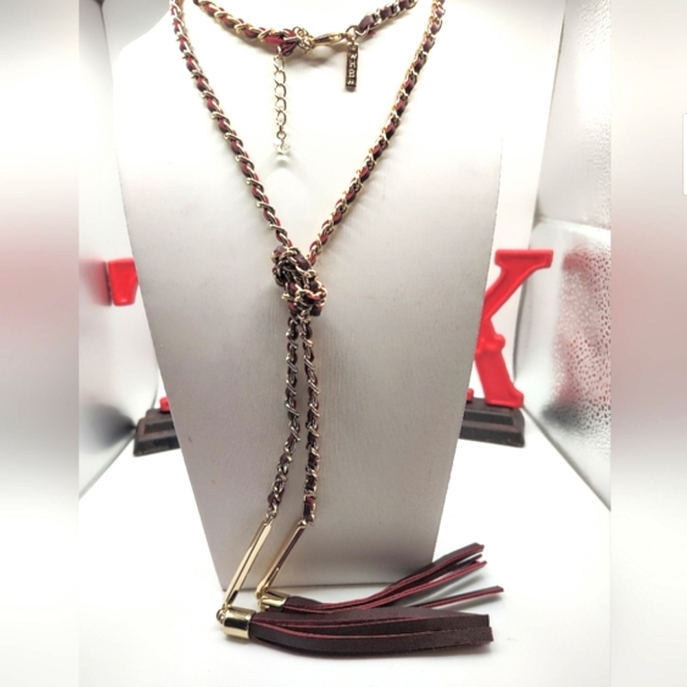 Elegant White House Black Mrkt Gold & Burgundy Tassel Necklace